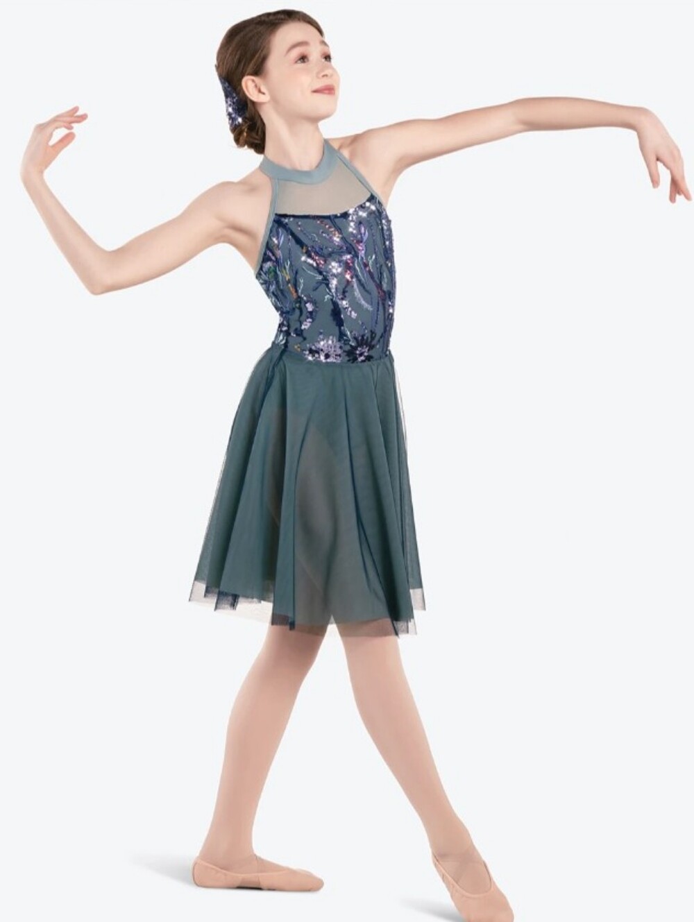 Revolution Dancewear Girls Blue Green Embroidered Sequin Tulle Dress Costume